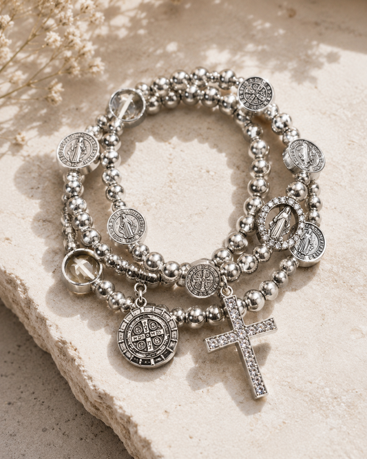 Silver Saint Medal & Cross Bracelet Set