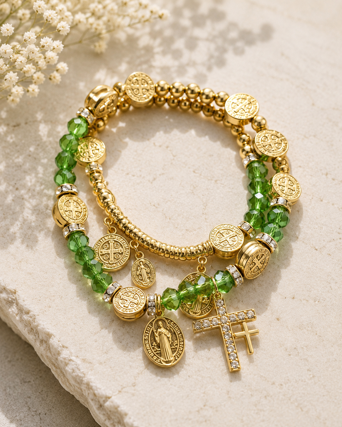 Gold & Emerald Religious Charm Bracelet Set