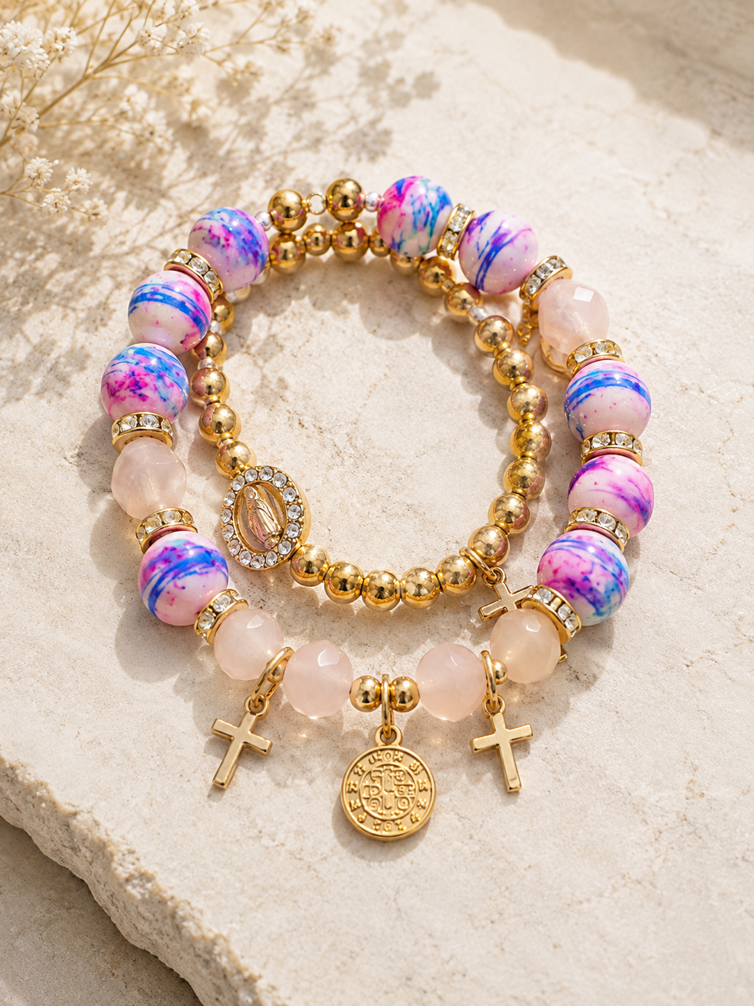 Gold & Pink Marble Religious Charm Bracelet Set