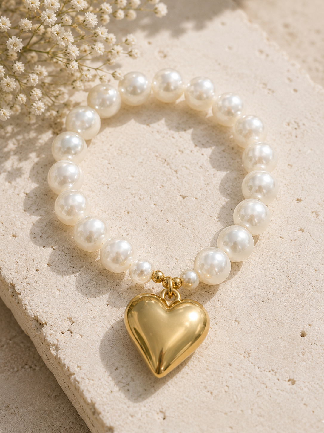 Pearl & Gold Heart Charm Bracelet