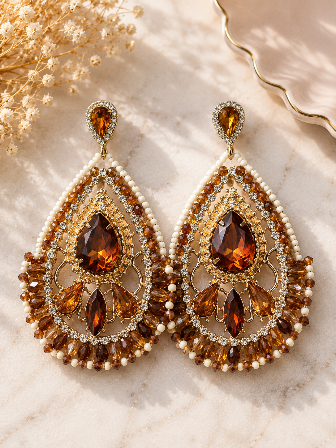 Amber Crystal Beaded Statement Earrings