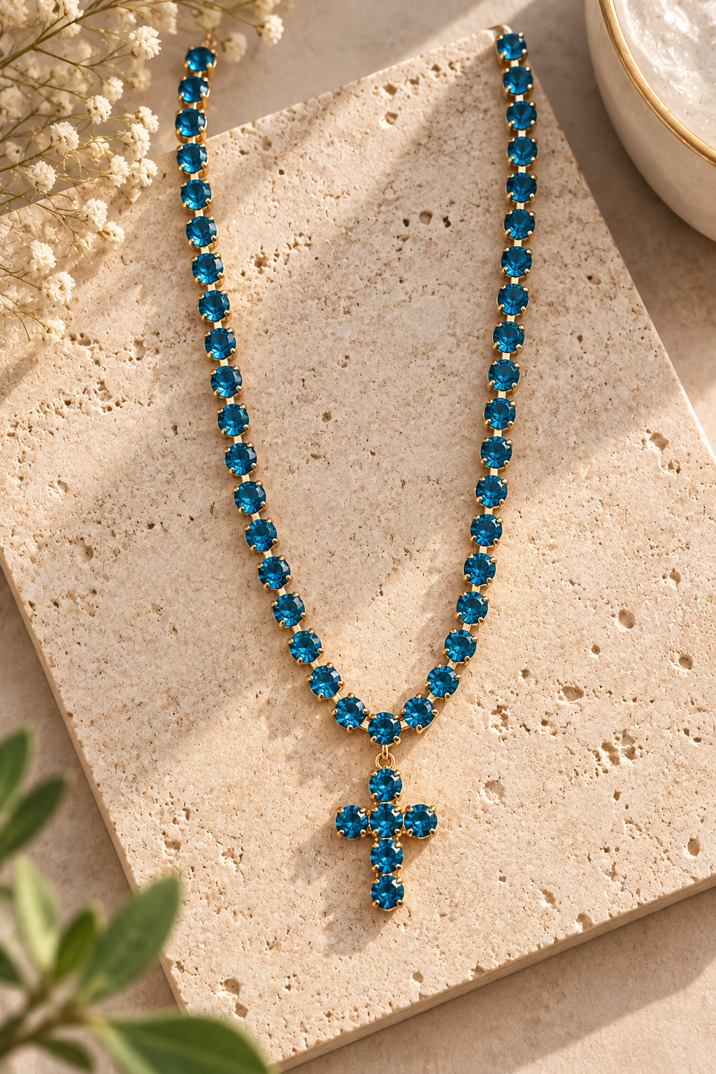Turquoise Blue Crystal Cross Necklace