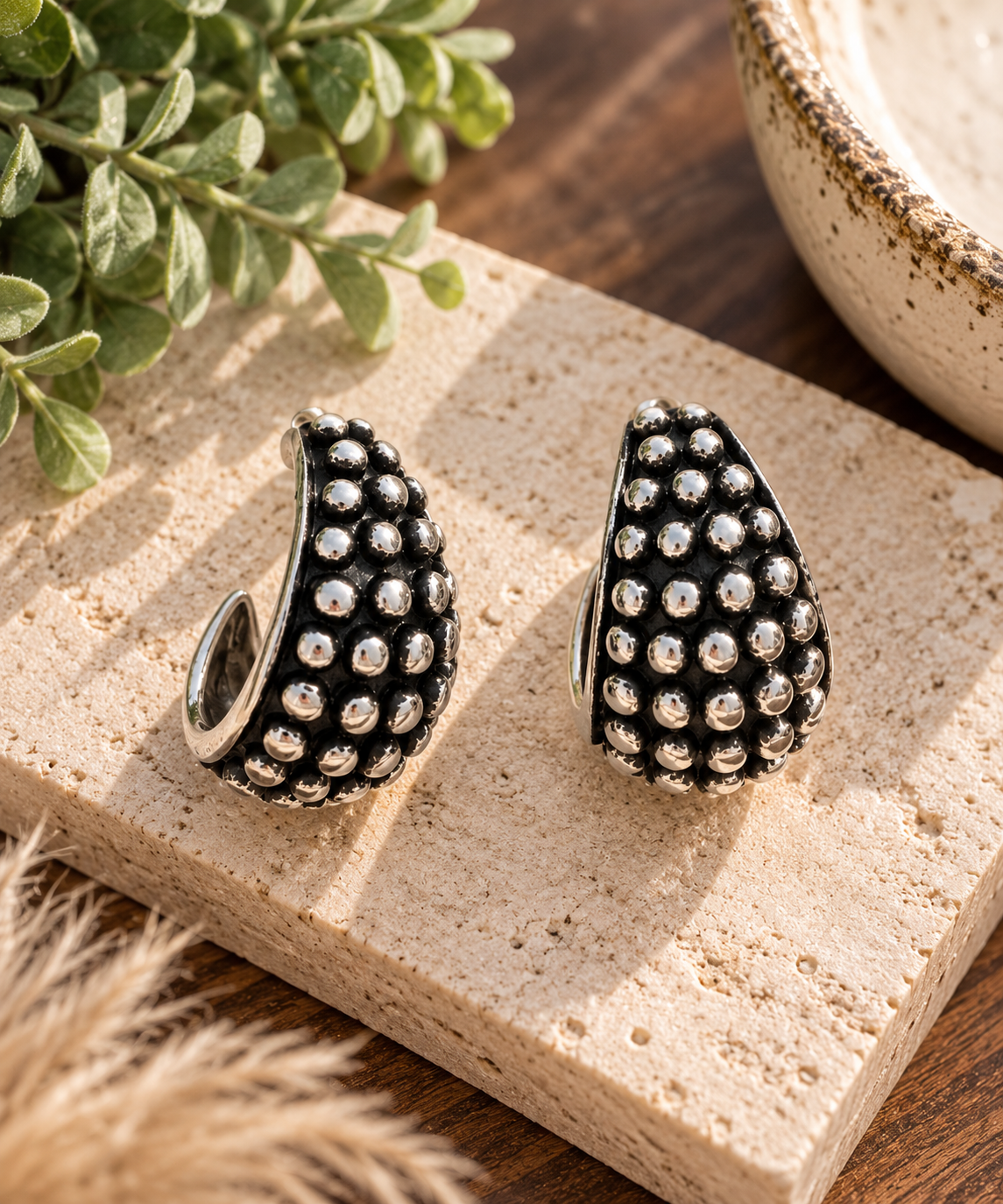Silver Studded Teardrop Hoop Earrings