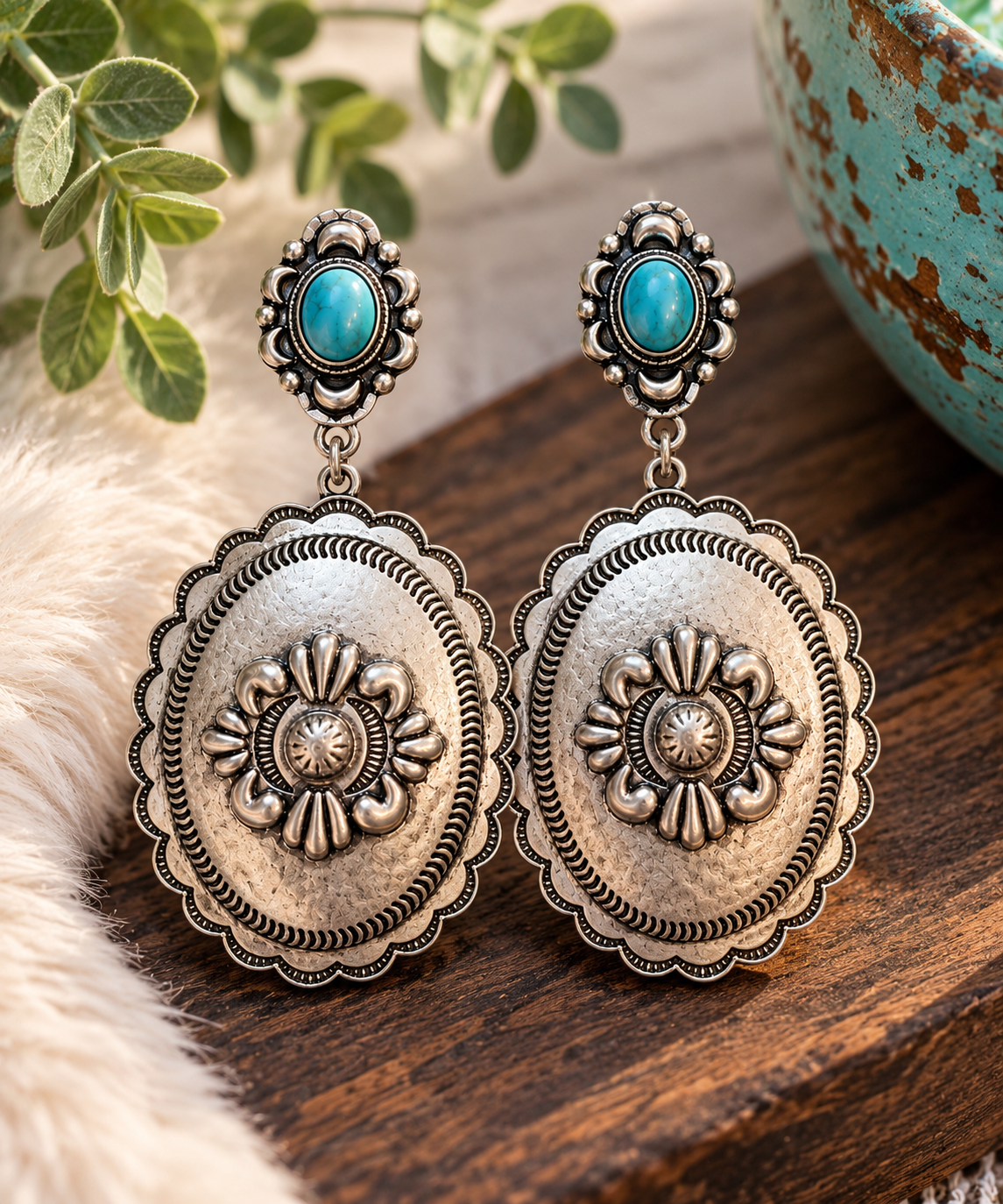 Turquoise Western Concho Statement Earrings