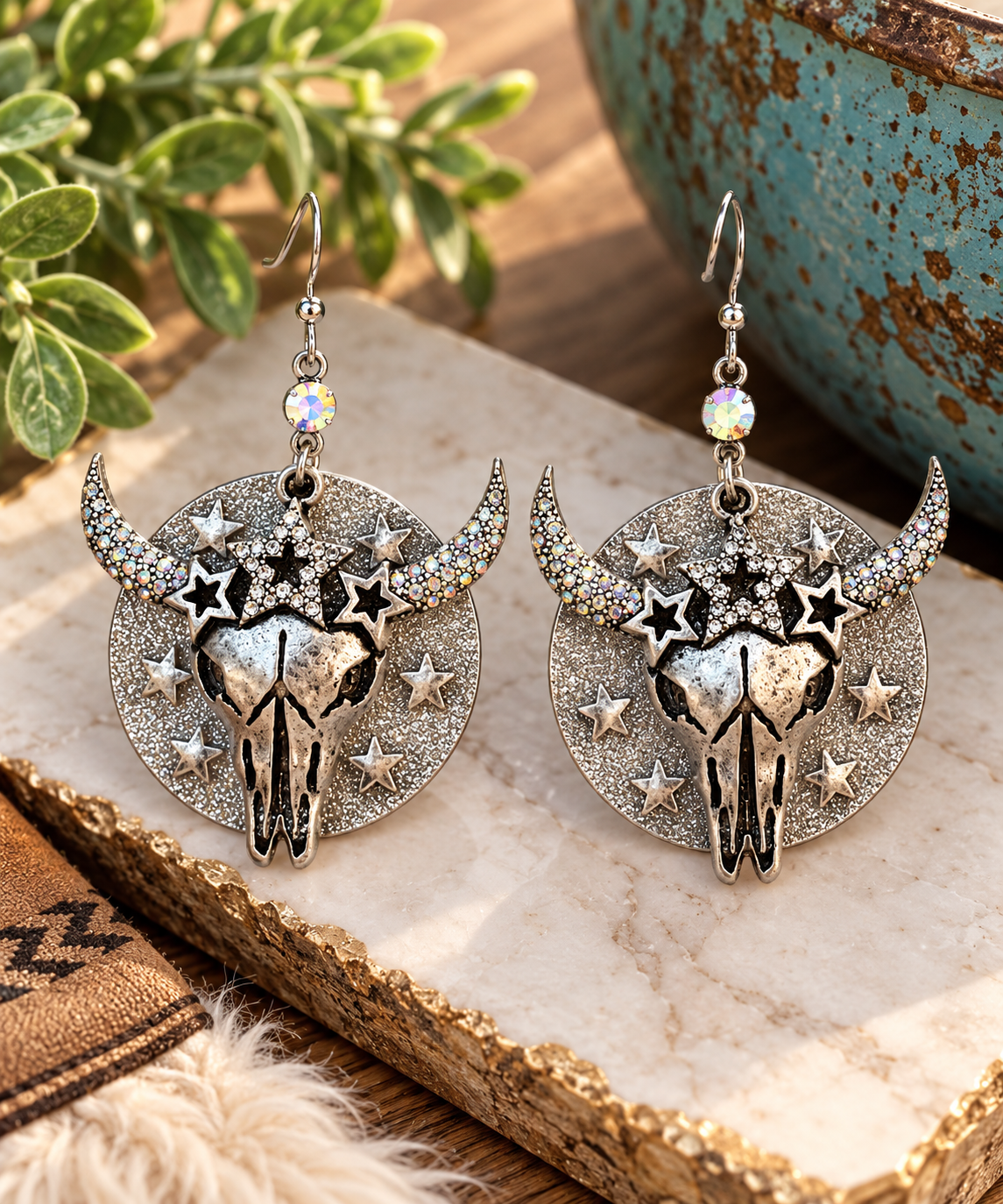 Rhinestone Longhorn Skull Statement Earrings