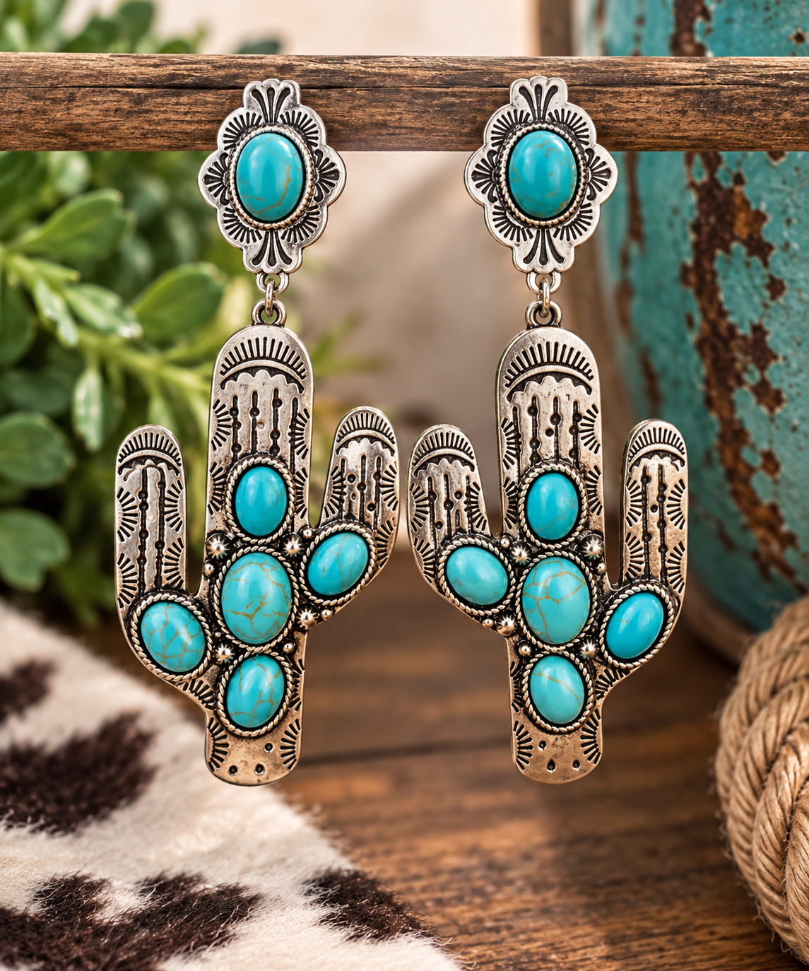 Turquoise Cactus Statement Earrings