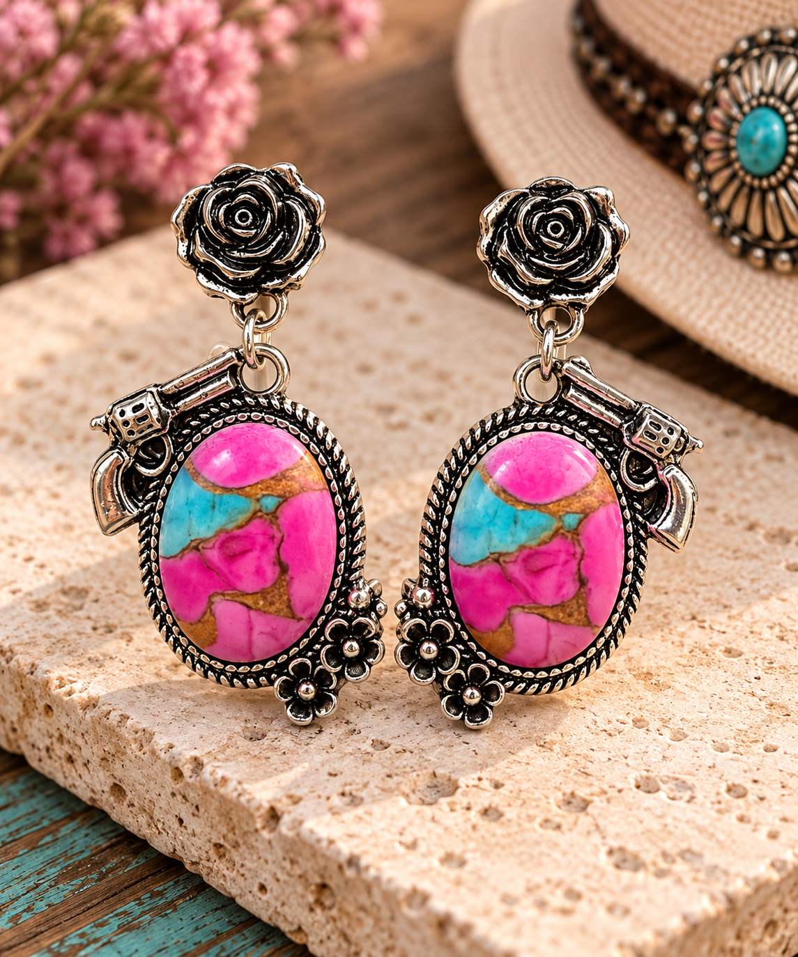 Pink Turquoise Guns & Roses Earrings