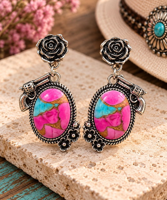 Pink Turquoise Guns & Roses Earrings