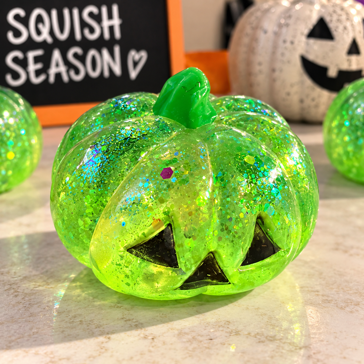 Green Glitter Jack-O’-Lantern Squishy