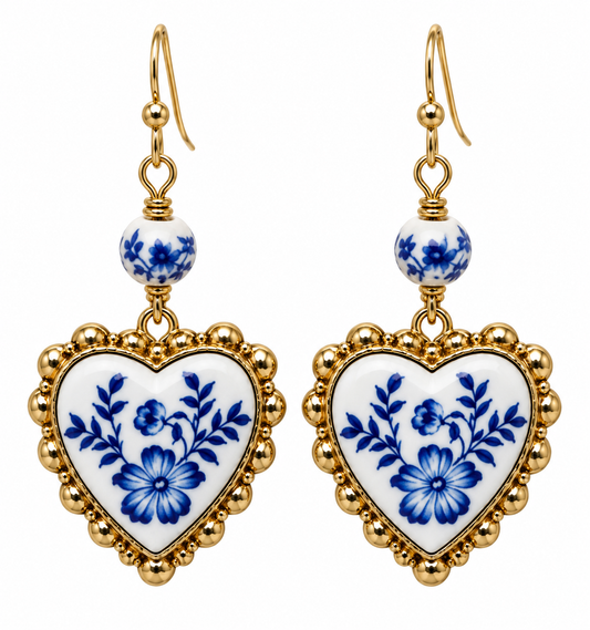 Blue Willow Heart Earrings