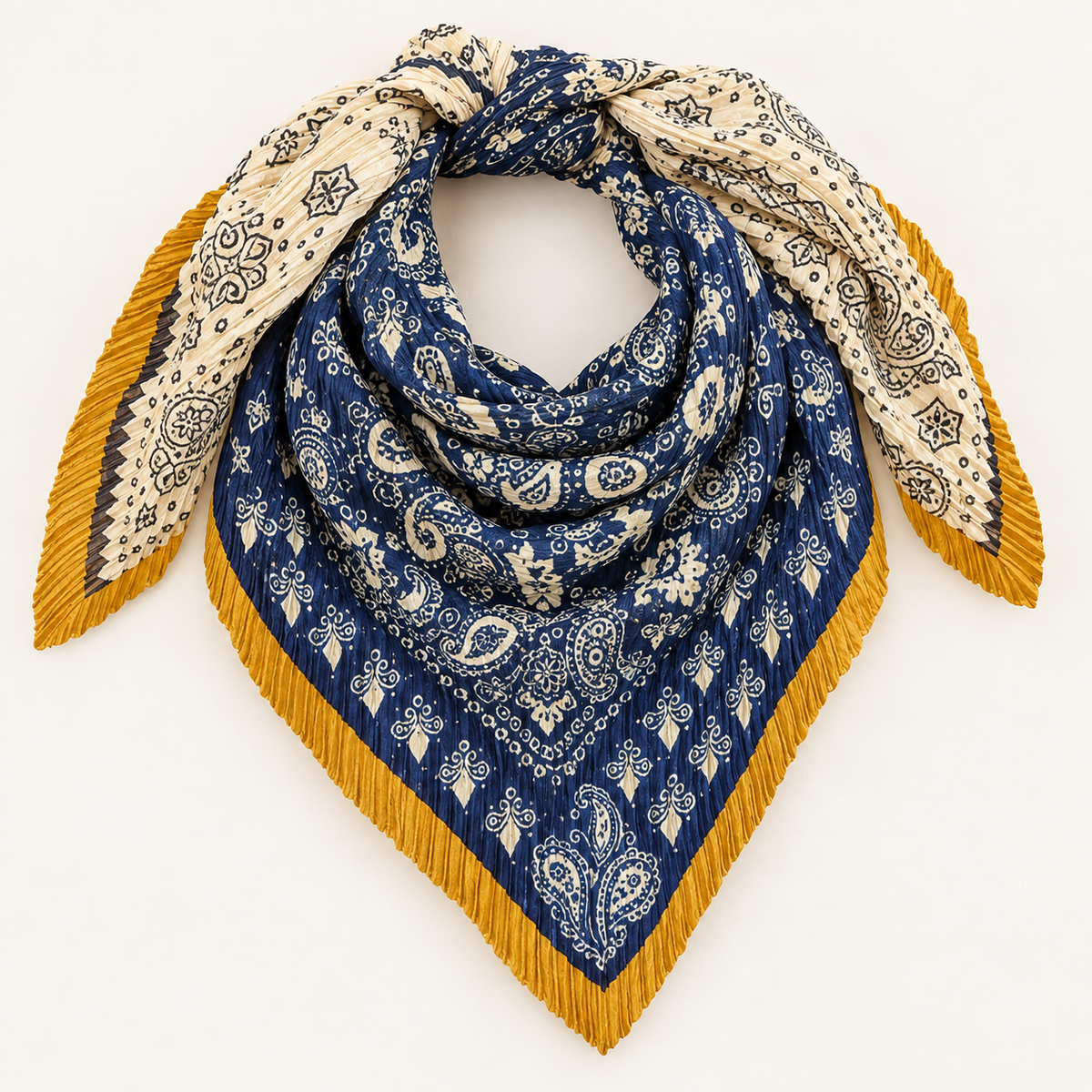 Midnight Mustard Paisley Pleated Head Scarf