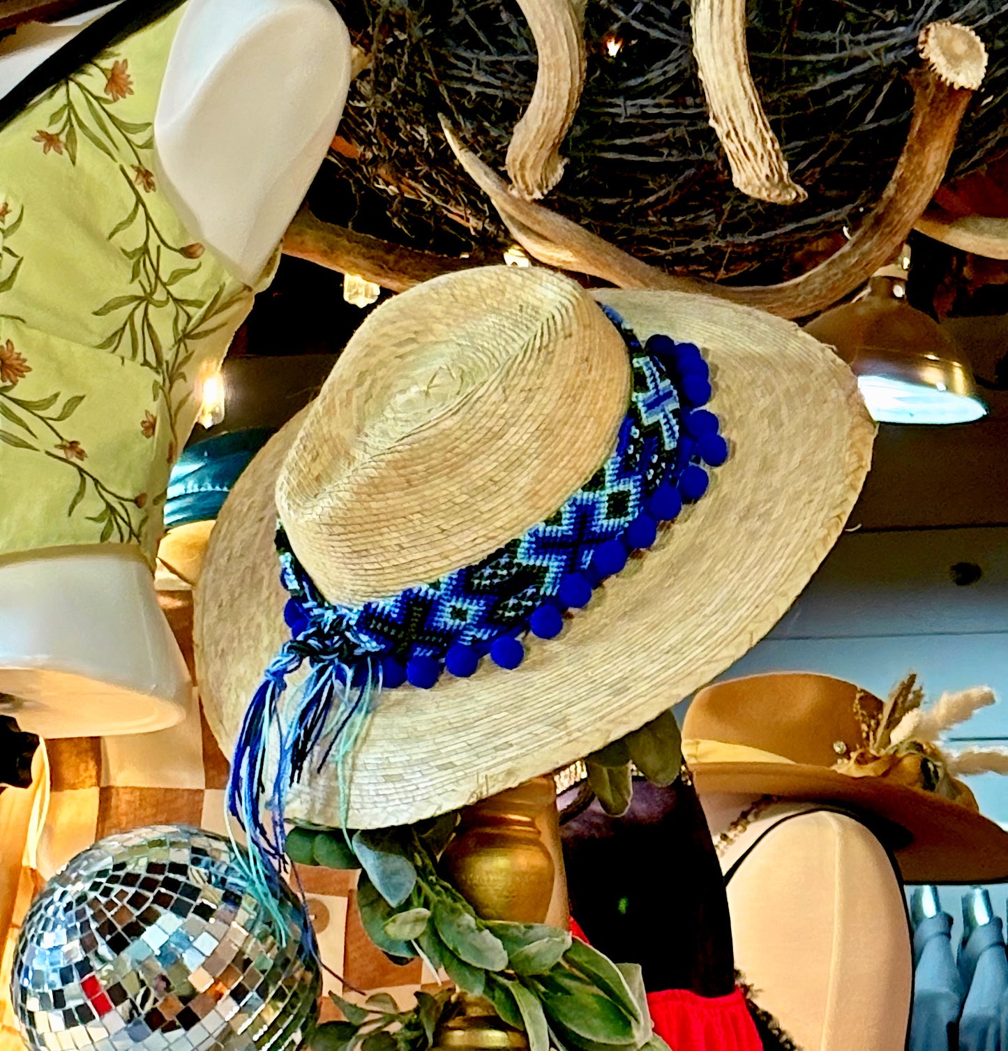 Cobalt Pom Straw Hat
