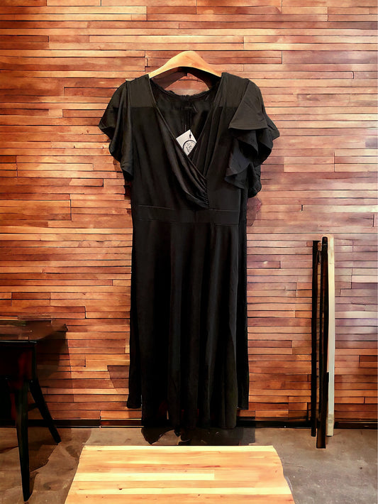 Black Ruffled V Wrap Dress