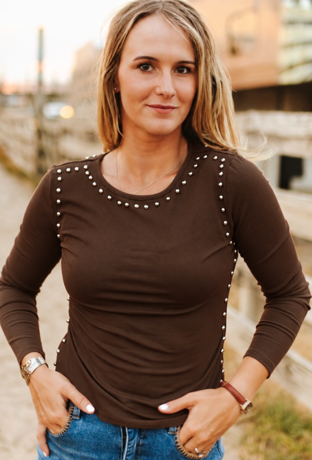 Brown studded long sleeve fitted top