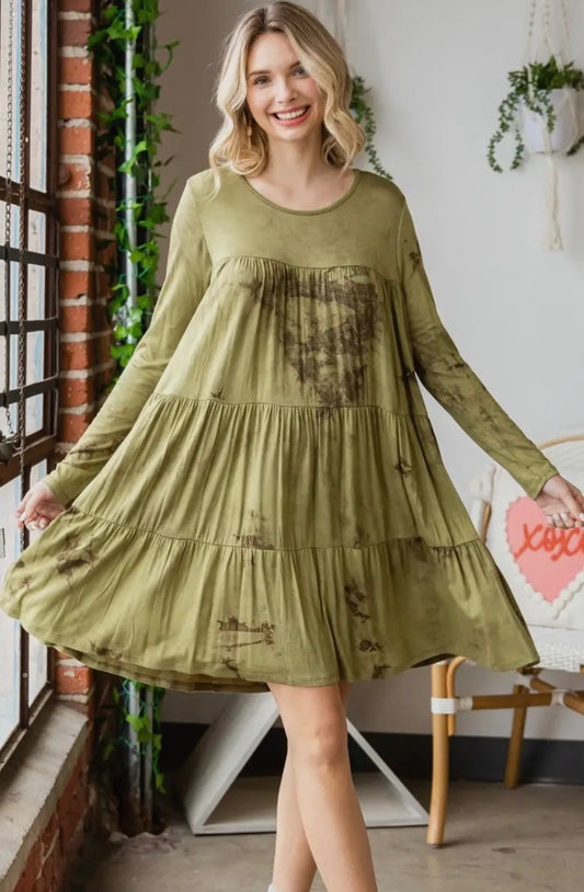 Tie dye long sleeve tiered dress