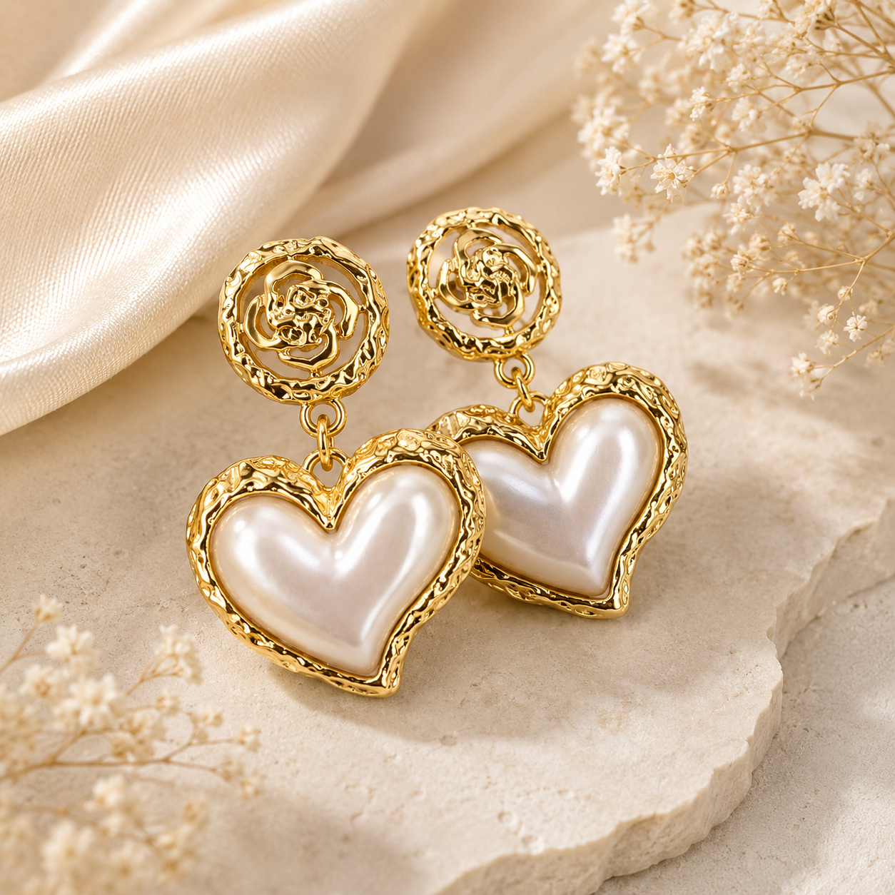 Gold Pearl Heart Earrings