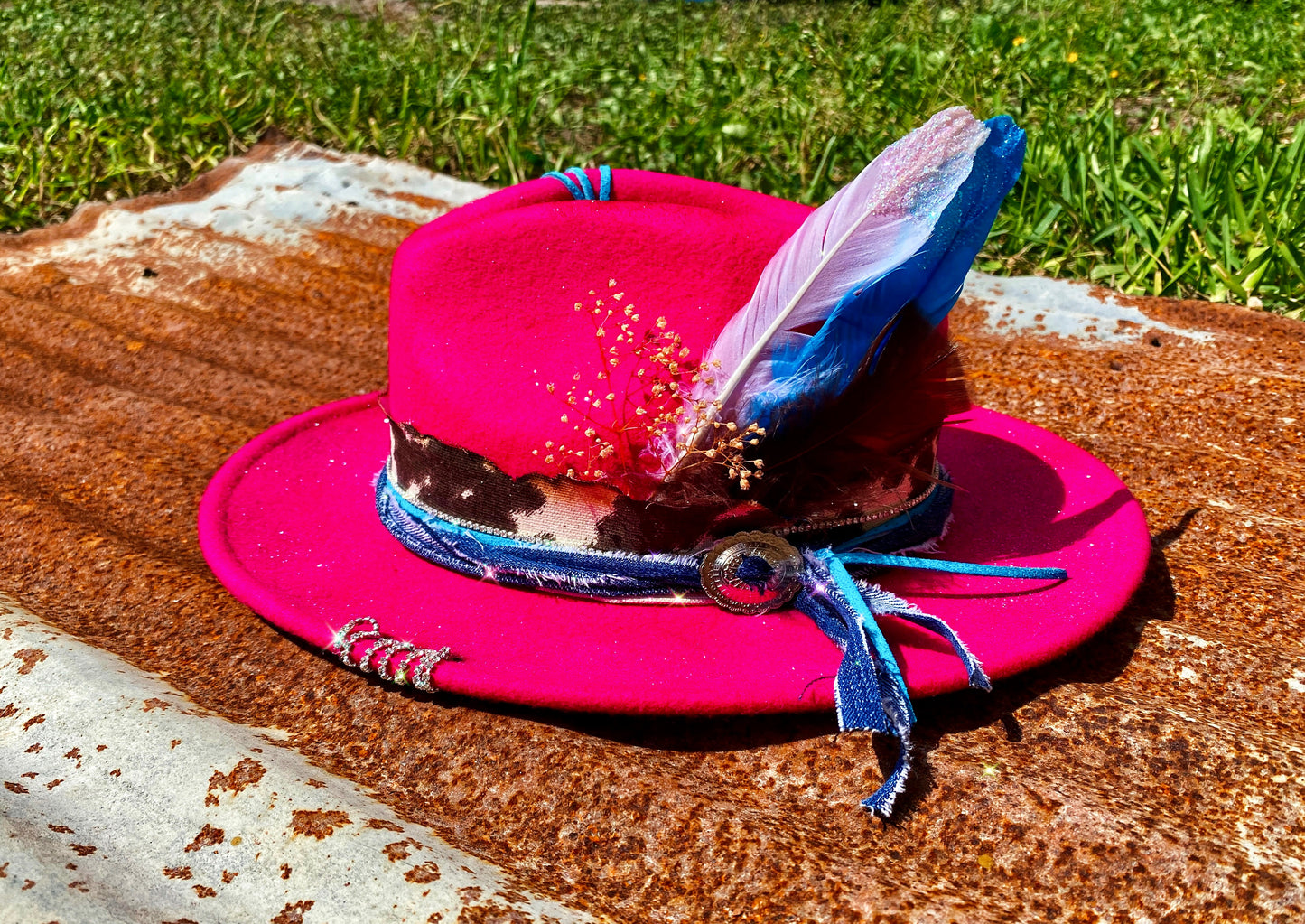 Bright Pink Rhinestone Cow-print Custom Hat