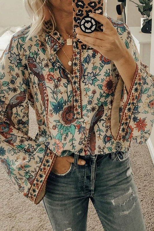 Nude Floral Bell Sleeve Blouse