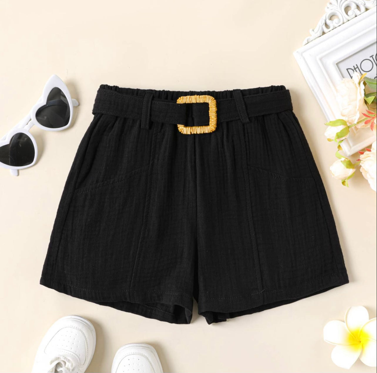 Black Textured Adjustable Shorts