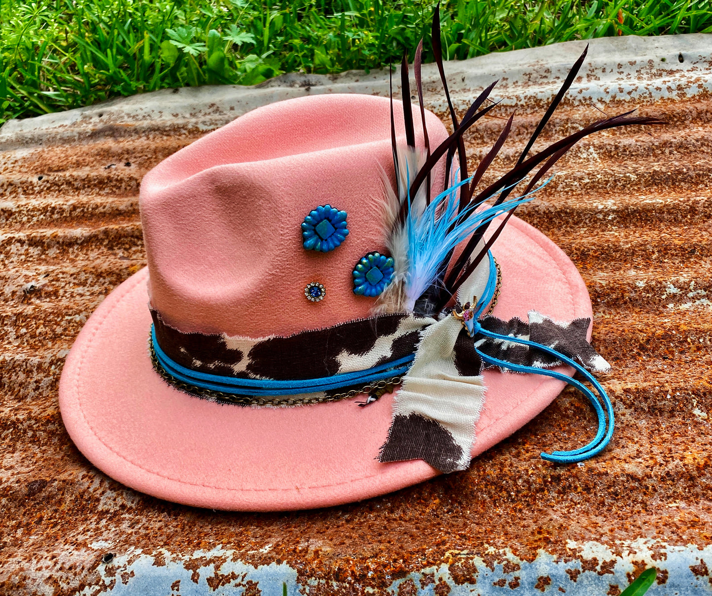 Light Pink Cow Print & Turquoise Custom Hat