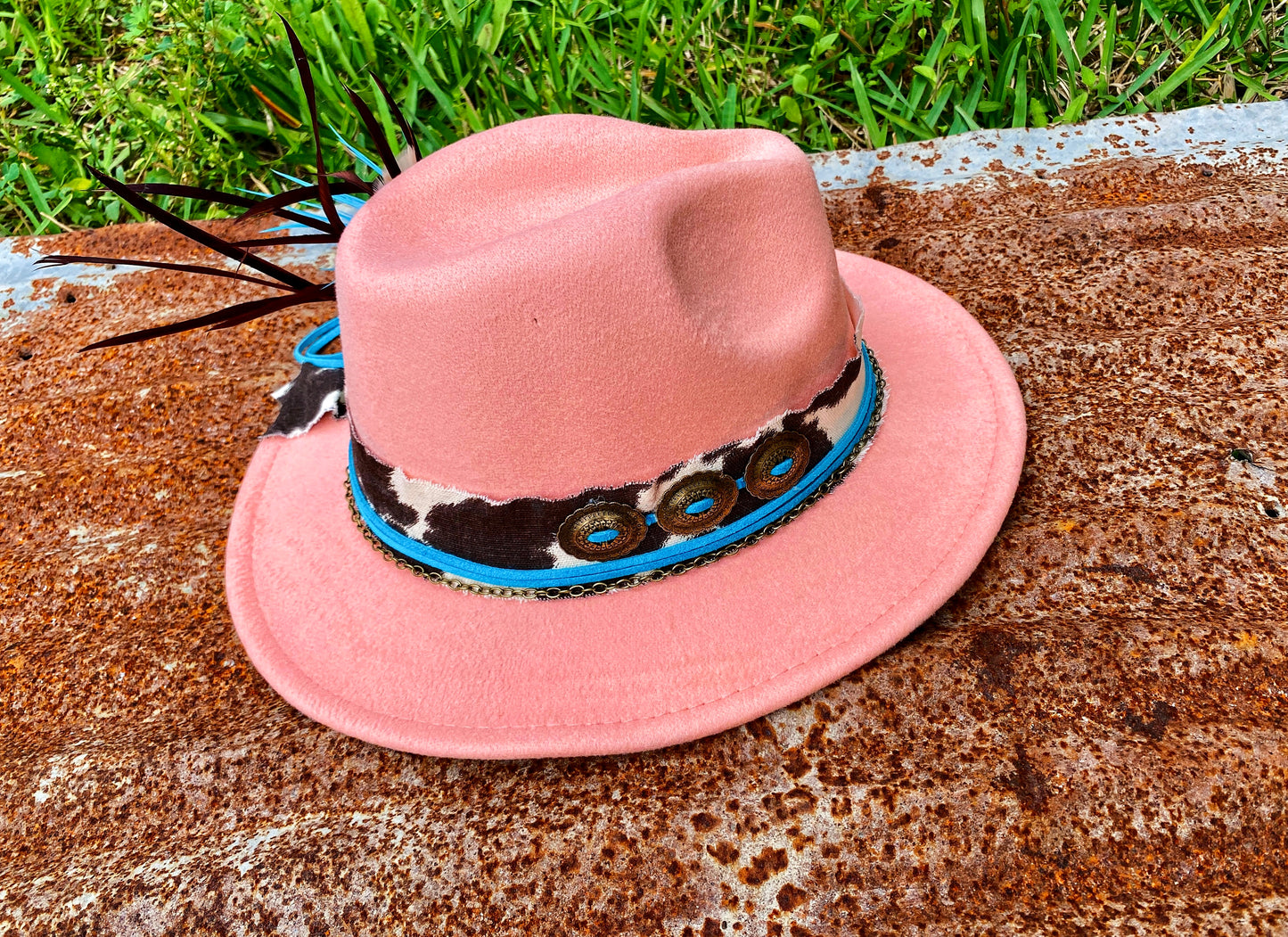 Light Pink Cow Print & Turquoise Custom Hat