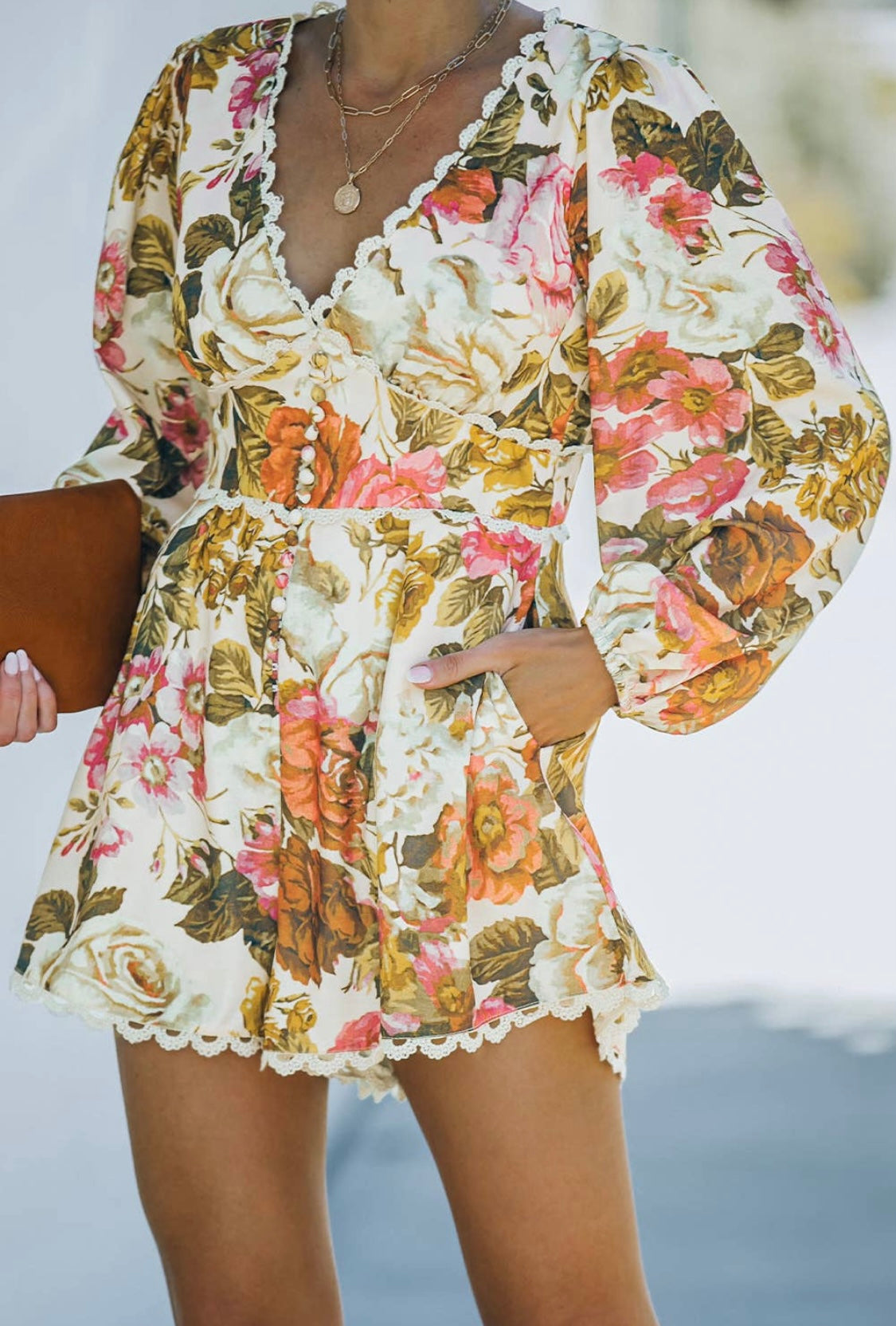 Floral Lace Trim Romper