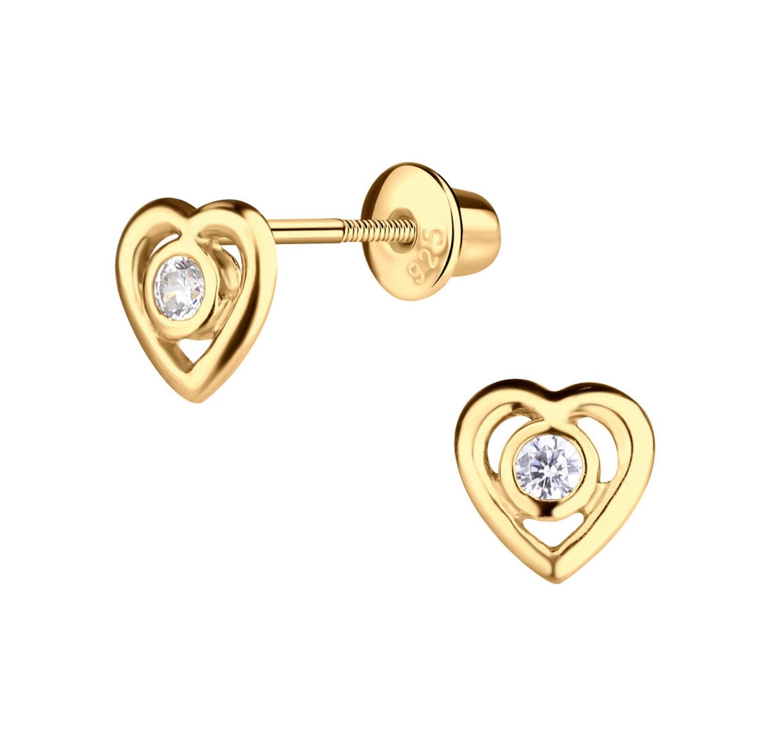 14K Gold-Plated CZ Heart Earrings for Kids with Screw Backs